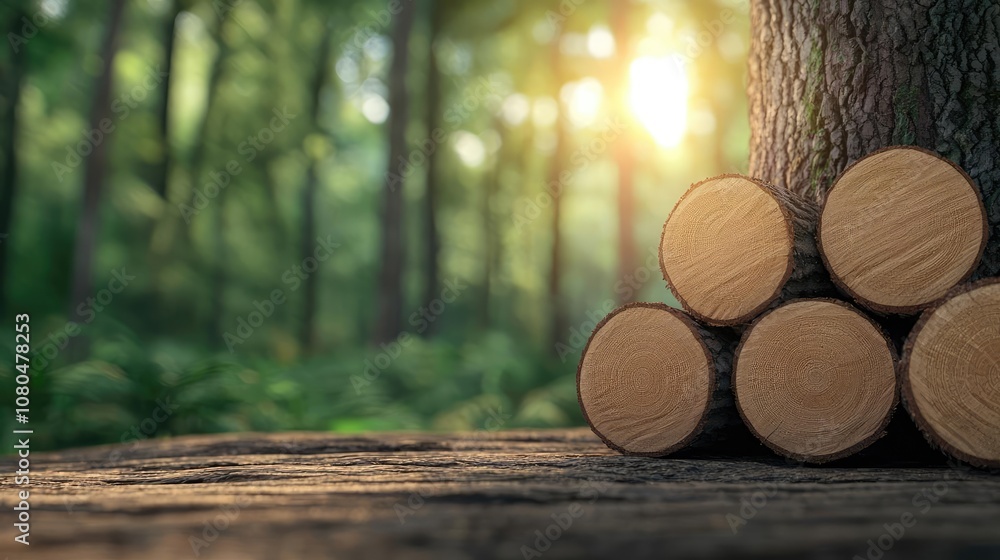 Poster tree logs stacked in a serene forest with sunlight filtering through the leaves.