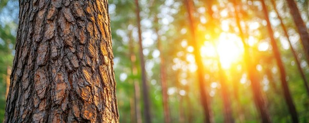 Fototapeta premium Tree bark with sunlight filtering through forest, creating a serene atmosphere.