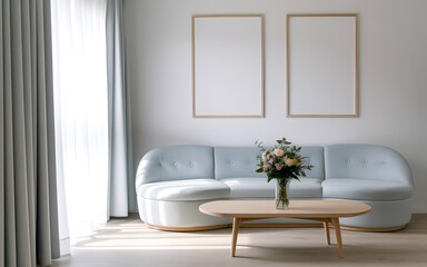 Fototapeta premium A modern living room setting. A light blue-colored, rounded sofa sits against a white wall, adorned with two blank wooden frames. In front of the sofa, there's a wooden coffee table with a vase of flo