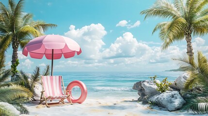 A serene beach scene featuring a pink umbrella, lounge chair, and a float, inviting relaxation by the ocean.