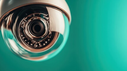 A detailed close-up of a security surveillance camera, its lens focused and capturing, set against a simple green background conveying vigilance and safety.