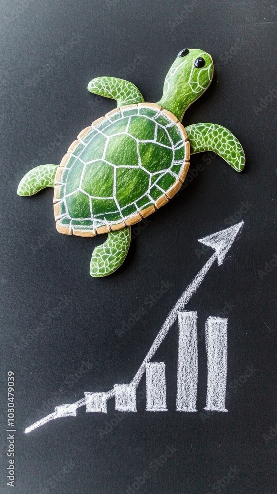 Poster a green turtle chalk drawing above an upward line graph on a blackboard, showcasing progress and cre