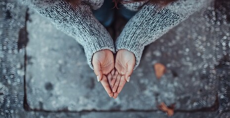 Receive the hands of a young, poor girl, top view. Looking for help and money from people in a gray sweater on the street.