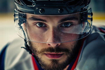 male ice hockey player is shown up close in full gear, his focused expression perfect for advertising sports equipment and safety gear.