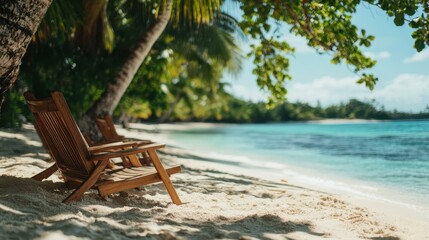 Wooden loungers occupy a quiet, deserted beach with palm trees lining white sands, overlooking crystal clear waters under a bright blue tropical sky. Pure relaxation.