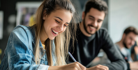 Fototapeta premium Two business workers in modern office culture, highlights efficiency and cooperative work in a professional environment, ideal for marketing business services or tech solutions.