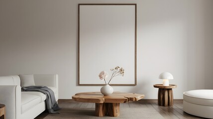 A minimalist living room with a large blank vertical frame on a white wall, a wooden coffee table beneath it holding a white vase with dried branches and a soft pink flower