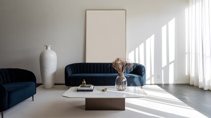 A modern living room with a minimalist design. Dominating the scene is a plush, dark blue velvet sofa positioned against a white wall. Above the sofa, a large, blank vertical frame hangs, possibly awa