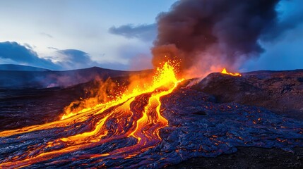 Fototapeta premium Lava flows from a volcano under a dramatic sky, showcasing nature's raw power.