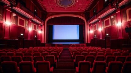 Fototapeta premium Empty cinema movie theater with blank screen and red seats.