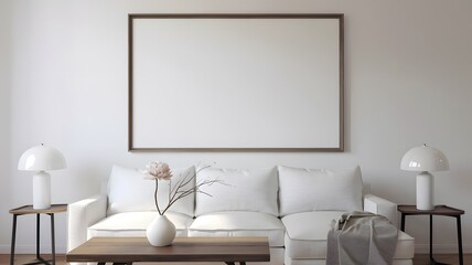 A minimalist living room with a large blank vertical frame hanging on a white wall, positioned above a low wooden coffee table with a white vase holding a few dried branches and a pinkish-white flower