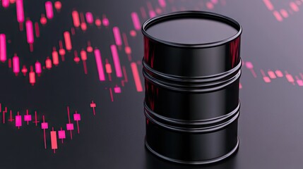 Dynamic 3D visualization of an oil barrel and candlestick chart illustrating trading analysis on a striking black background