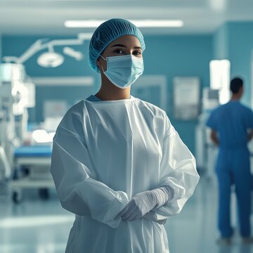 Female healthcare worker in scrubs, mask, and cap, standing confidently in a hospital.