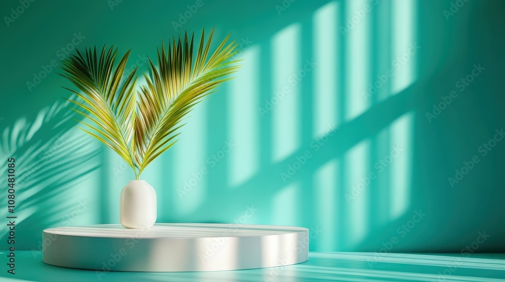 Aufkleber a contemporary composition with palm leaves in a white vase on a geometric platform, set against a t