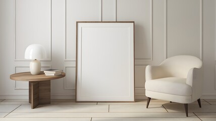 A minimalist room with a large, blank vertical frame leaning against a white wall adorned with subtle moldings. To the left of the frame, there's a round wooden table with a white lamp on top and a st