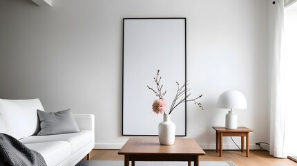 A minimalist living room with a large blank vertical frame hanging on a white wall, positioned above a low wooden coffee table with a white vase holding a few dried branches and a pinkish-white flower