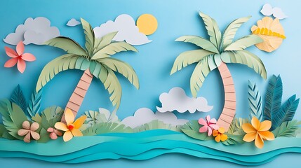 Fototapeta na wymiar A vibrant paper cut-out scene depicting palm trees, flowers, and clouds against a blue background.