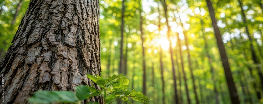 Poster tree trunk in sunlight filtering through lush green forest background.