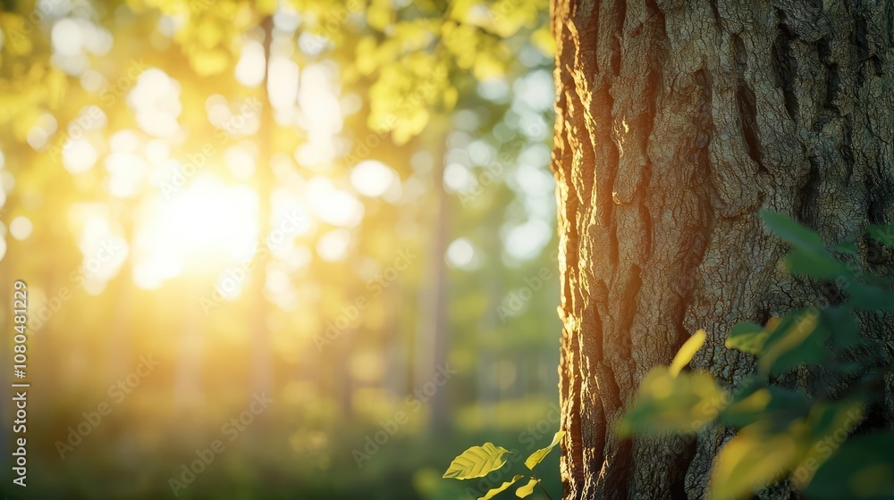 Aufkleber sunlight filtering through trees in a serene forest setting.