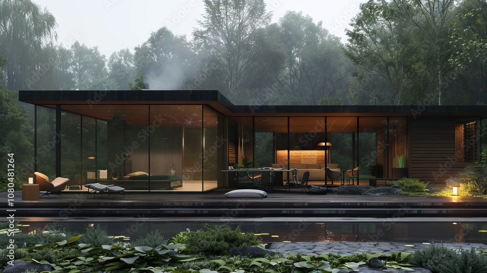 Poster a large house with a pool and a patio. the house is surrounded by trees and has a lot of windows