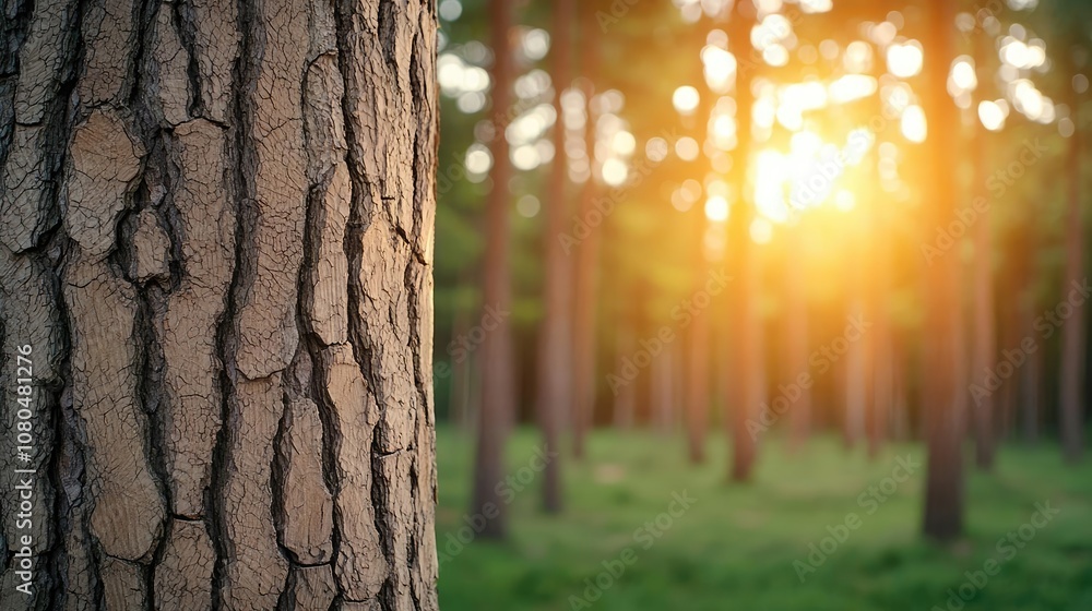 Poster close-up of tree bark with sunlight filtering through forest backdrop.