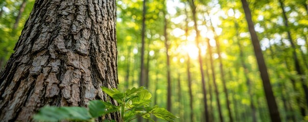 Fototapeta premium Tree trunk in sunlight filtering through lush green forest background.