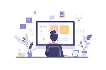 A person interacts with a virtual assistant, displayed on a screen, in a modern, tech-driven setting