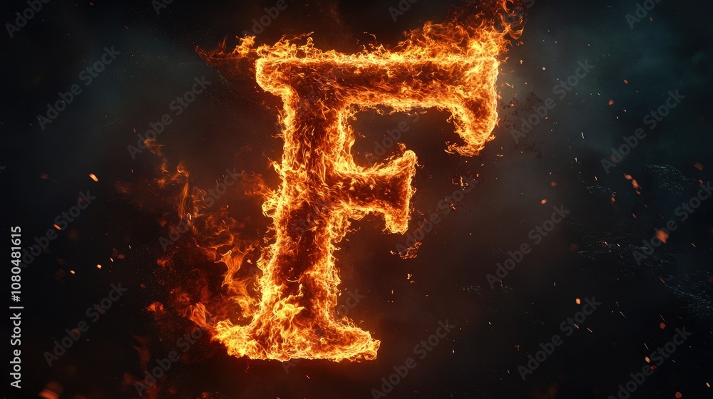 Poster Fiery Letter F Illuminating a Dark Background with Flames and Sparks Creating a Dynamic and Striking Visual Focus for Creative Designs and Backgrounds