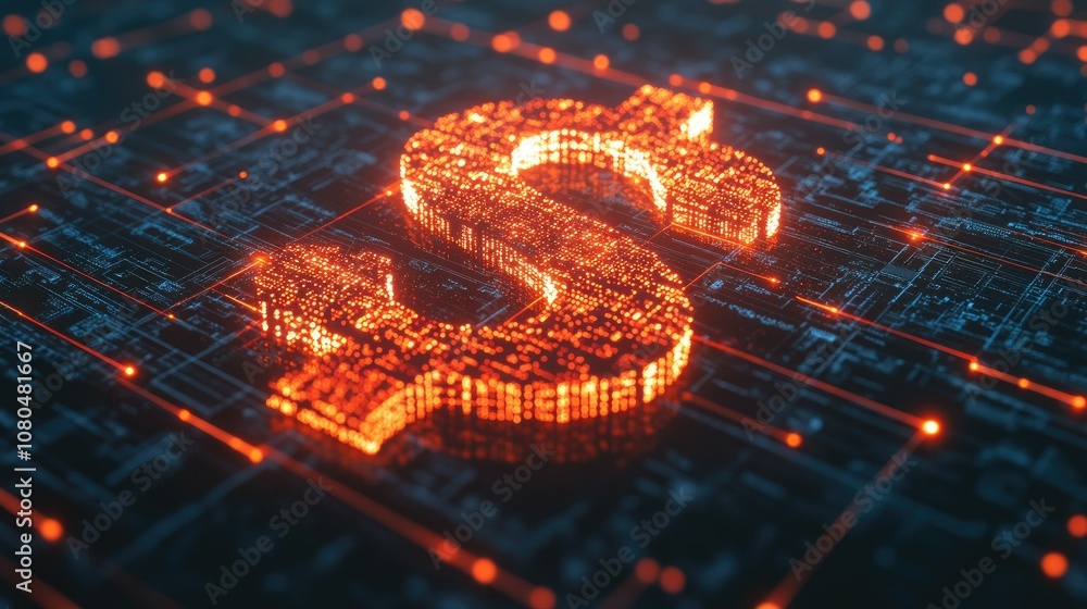 Poster futuristic digital dollar symbol surrounded by technological elements and data streams representing 