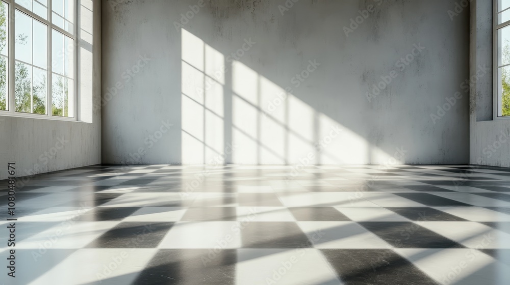 Poster an empty room featuring a black and white checkered floor is illuminated by sunlight streaming throu