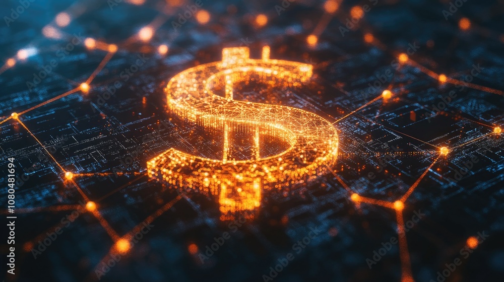 Poster glowing digital dollar sign on abstract background representing cryptocurrency and financial technol