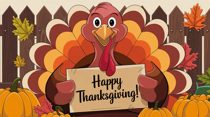 Turkey illustration with holding a sign that says 'Happy Thanksgiving!'. There are autumn leaves and pumpkins scattered around the turkey illustration, generative ai