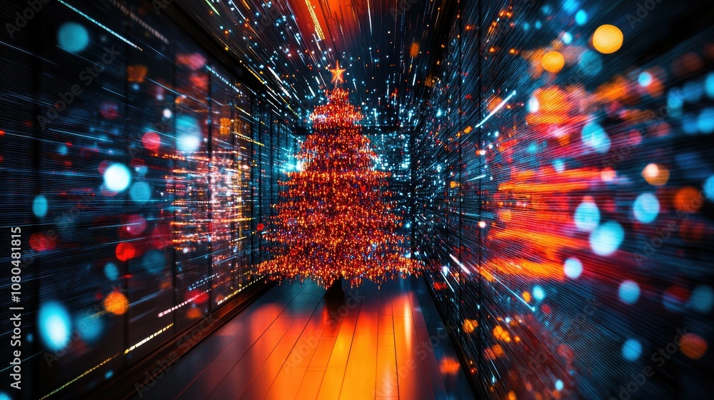 Poster vibrant and energetic christmas tree surrounded by colorful lights and digital data streams creating