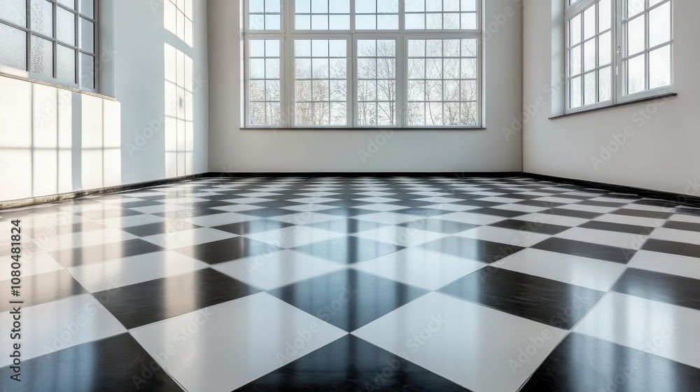 Poster a spacious room with a black and white checkered floor where sunlight creates intricate patterns thr