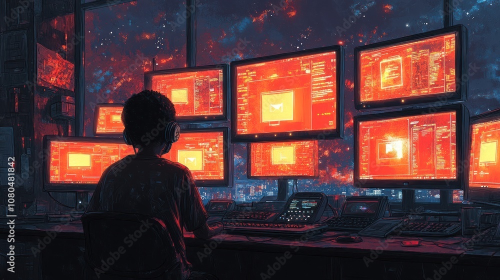 Poster a person using multiple monitors in a dark, tech-filled environment.