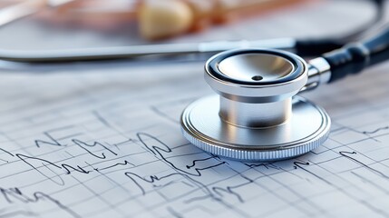 Close-up of a stethoscope on an ECG chart, symbolizing medical care and diagnostics.