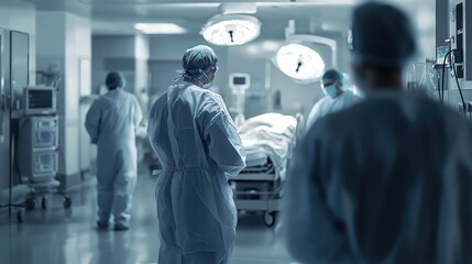 Fototapeta premium Medical professionals in surgical attire prepare for a complex procedure in an operating room.