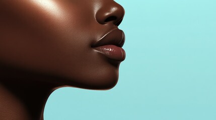 Graceful Profile of a Woman with Radiant Skin and Glossy Lips Against a Soft Turquoise Background, Highlighting Natural Beauty and Elegance in a Modern Presentation