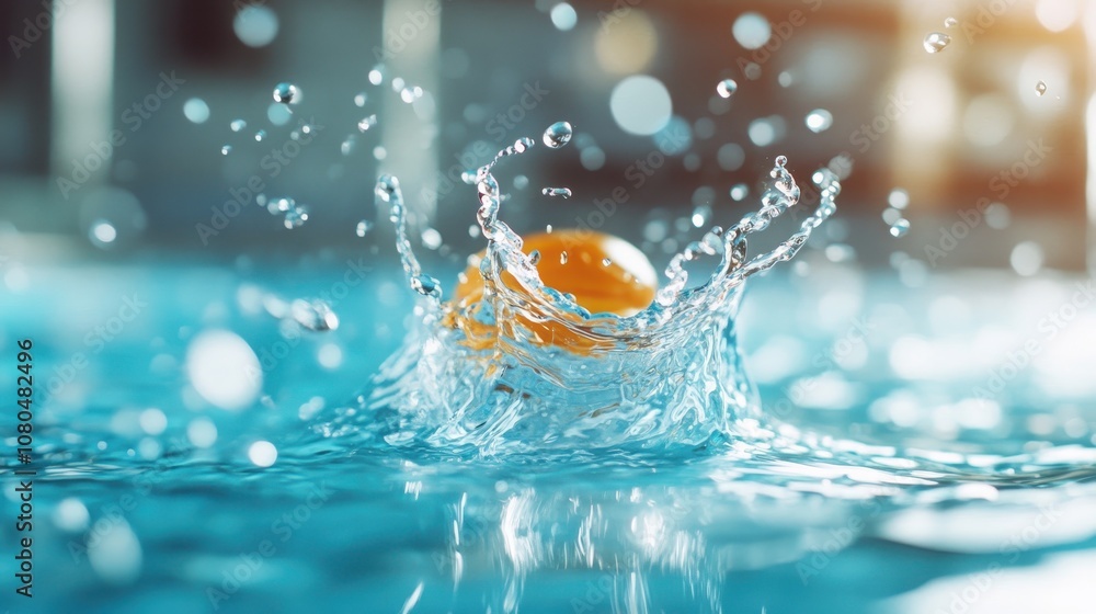 Poster the photo captures a single orange splashing into a pool, causing a dramatic splash effect that emit