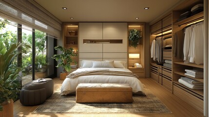Modern bedroom with natural light and minimalist design.