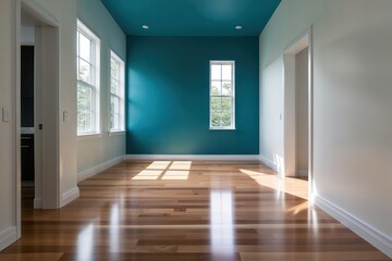 Obraz premium Bright Cerulean Walls Polished Maple Flooring and Sunlit Accents in Minimalist Interior Design