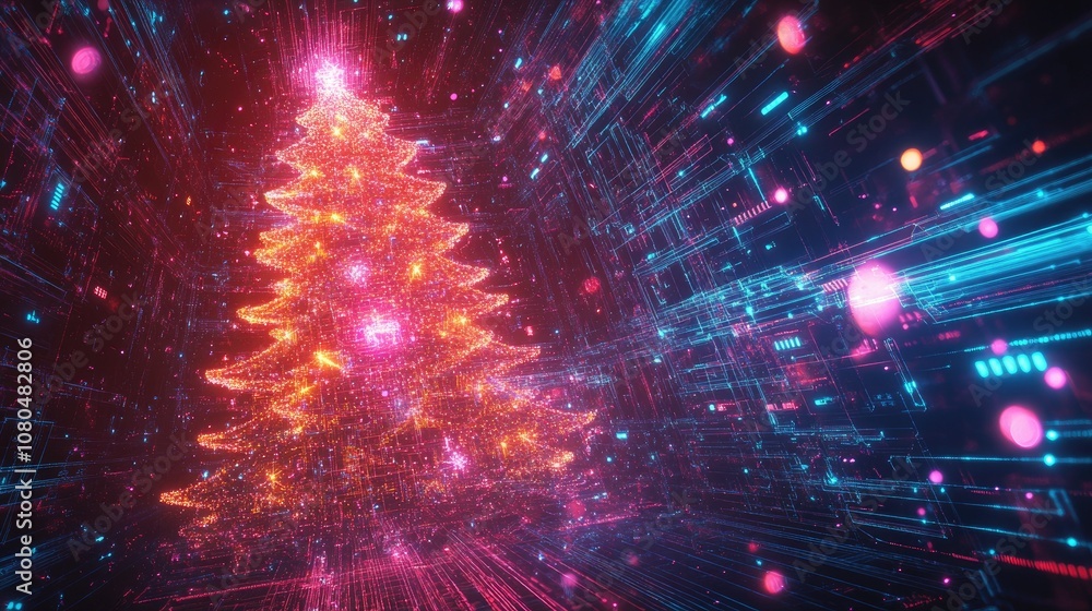 Poster vibrant digital christmas tree illuminated by bright lights and colorful sparks in a futuristic and 