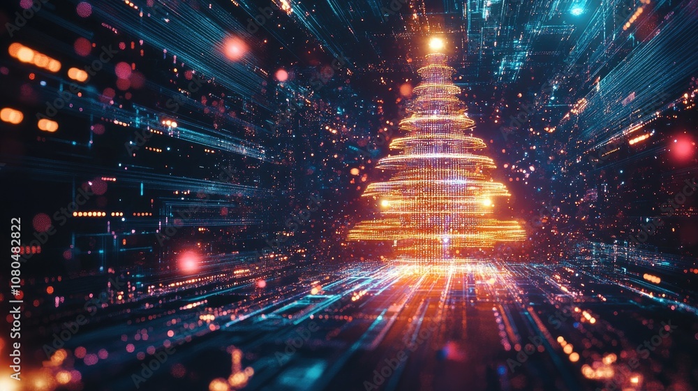 Poster futuristic abstract christmas tree with neon lights, digital background featuring vibrant particles 