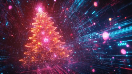 Fototapeta premium Vibrant Digital Christmas Tree Illuminated by Bright Lights and Colorful Sparks in a Futuristic and Abstract Environment of Glowing Lines and Patterns