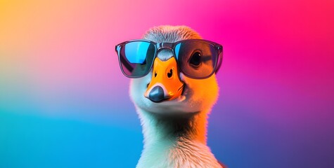 Fototapeta premium Close-up portrait of a cute goose wearing sunglasses, isolated on a colorful gradient background.