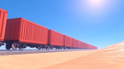 Fototapeta premium Freight Train Transportation in Desert Landscape with Colorful Cargo Containers Under Bright Blue Sky and Sunlight