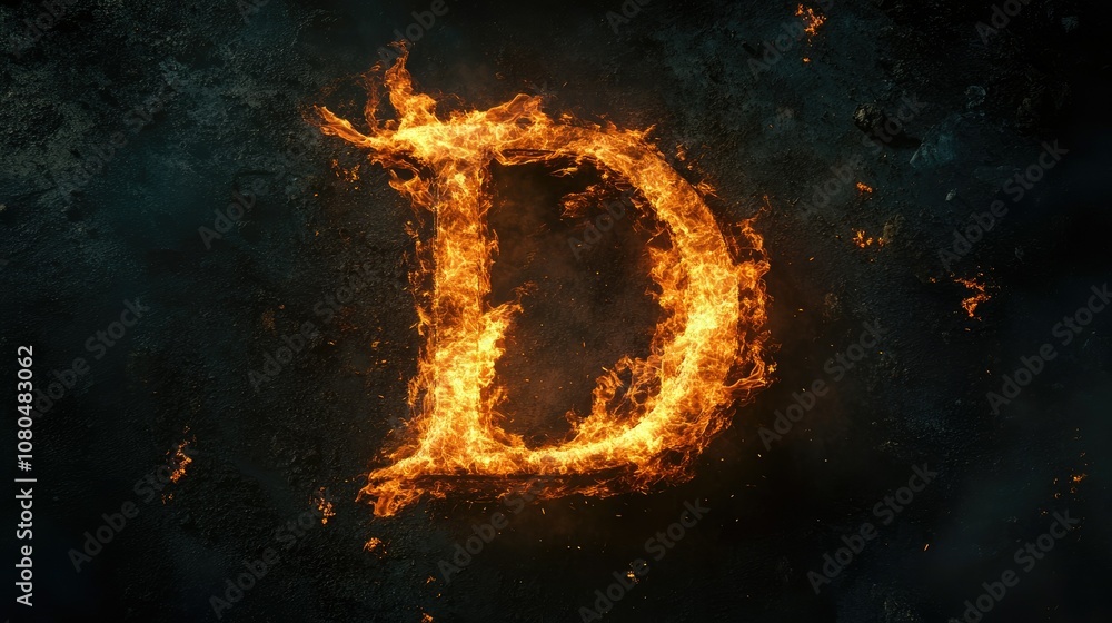Poster fiery letter d illuminates dark background with flames and smoke, creating a dramatic visual element