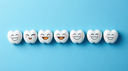 Collection of Cute and Cheerful Tooth Characters on a Blue Background Representing Dental Health and Oral Care with Various Happy Expressions