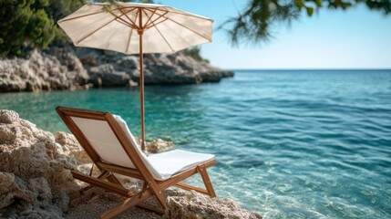 An idyllic coastal scene showcasing a wooden chair under an umbrella by the turquoise waters. The rocky shore and clear sky add to the serene, vacation-like atmosphere.