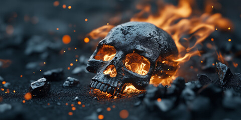 A skull surrounded by flames and dark rocks evokes themes of death and hell. A flaming skull resting among dark rocks symbolizes death and eternal torment